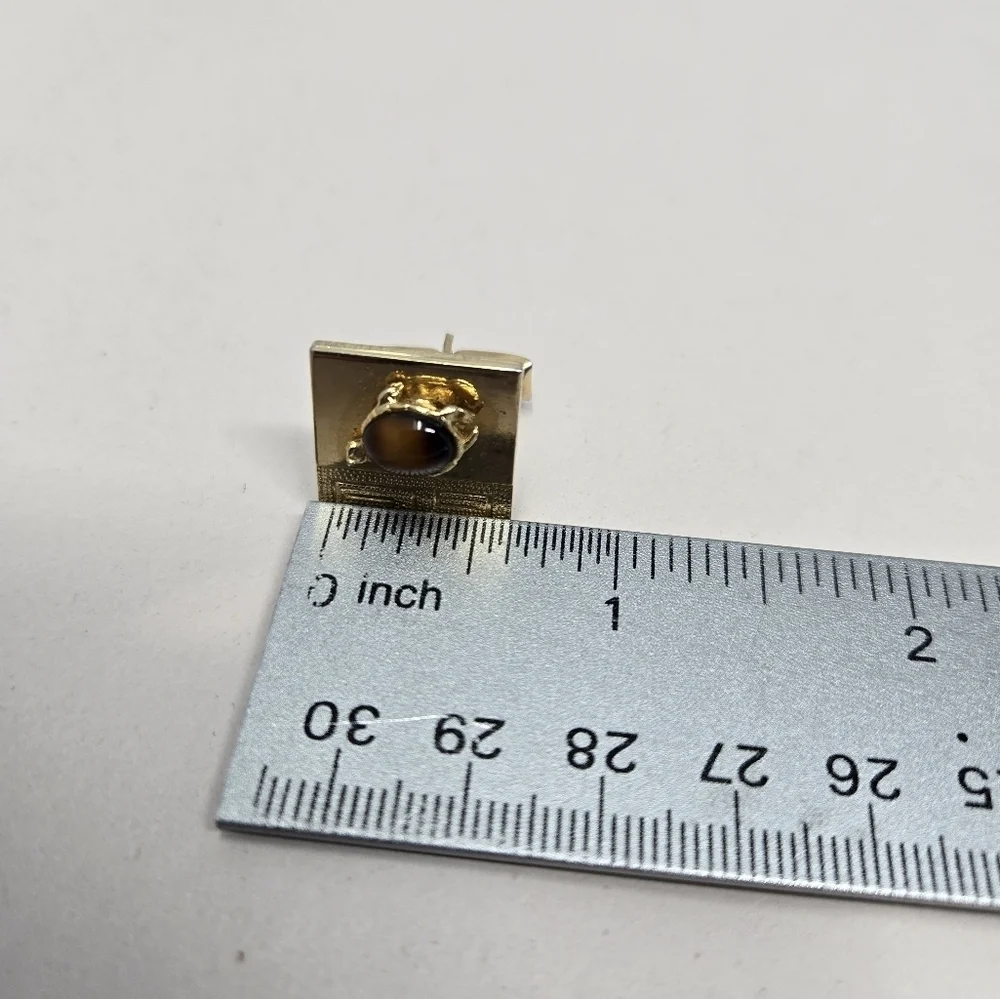 Vintage Mens Gold Tone Cuff Links With Tie Holder Brown Pietersite Stone Classy
